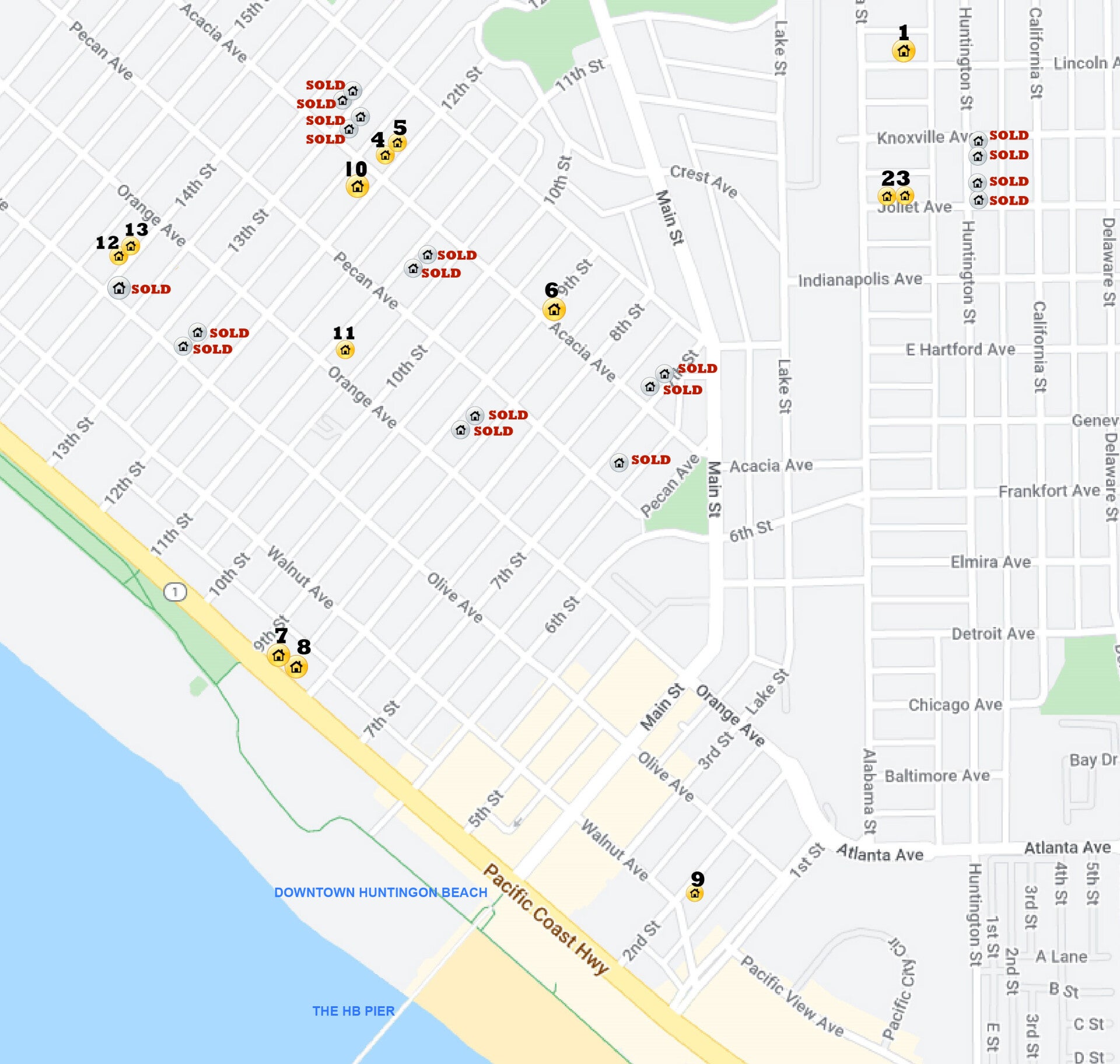 Original Huntington Beach project map with numbered locations and historical status labels